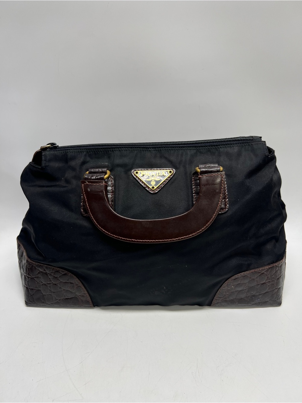 Prada nylon croc embossed trim satchel